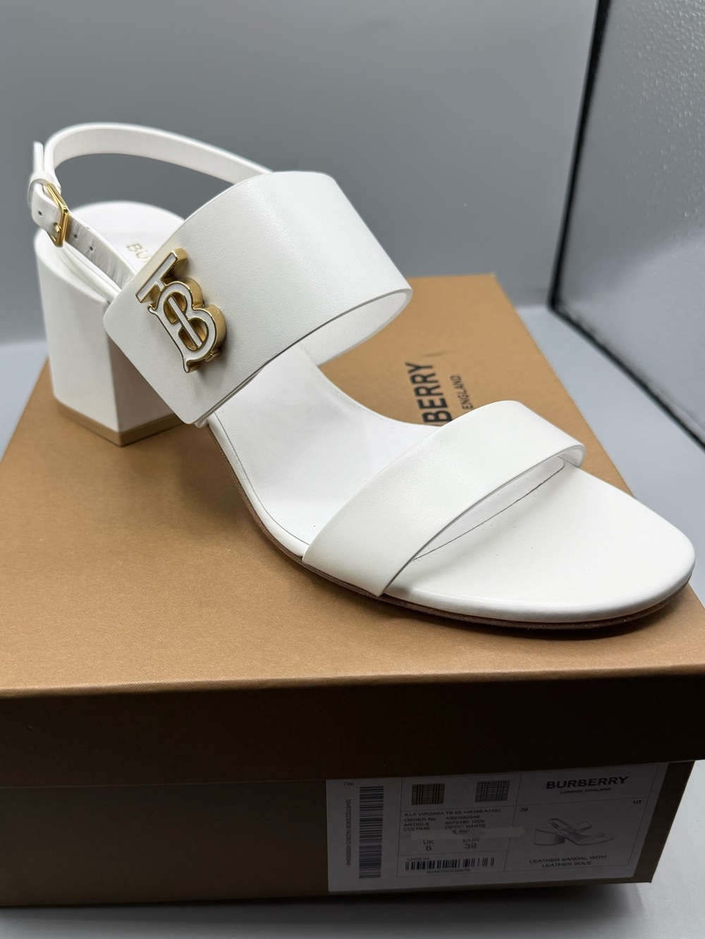 Burberry White Leather Block Heel Sandals with Gold TB Accent